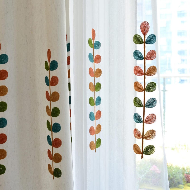 VOGOL Sheer Curtains 84 Inches Long, Colorful Leaves Embroidered White Sheer Window Curtain for Living Room/Dining Room, Rod Pocket, 52 x 84, 2 Panels - Image 5